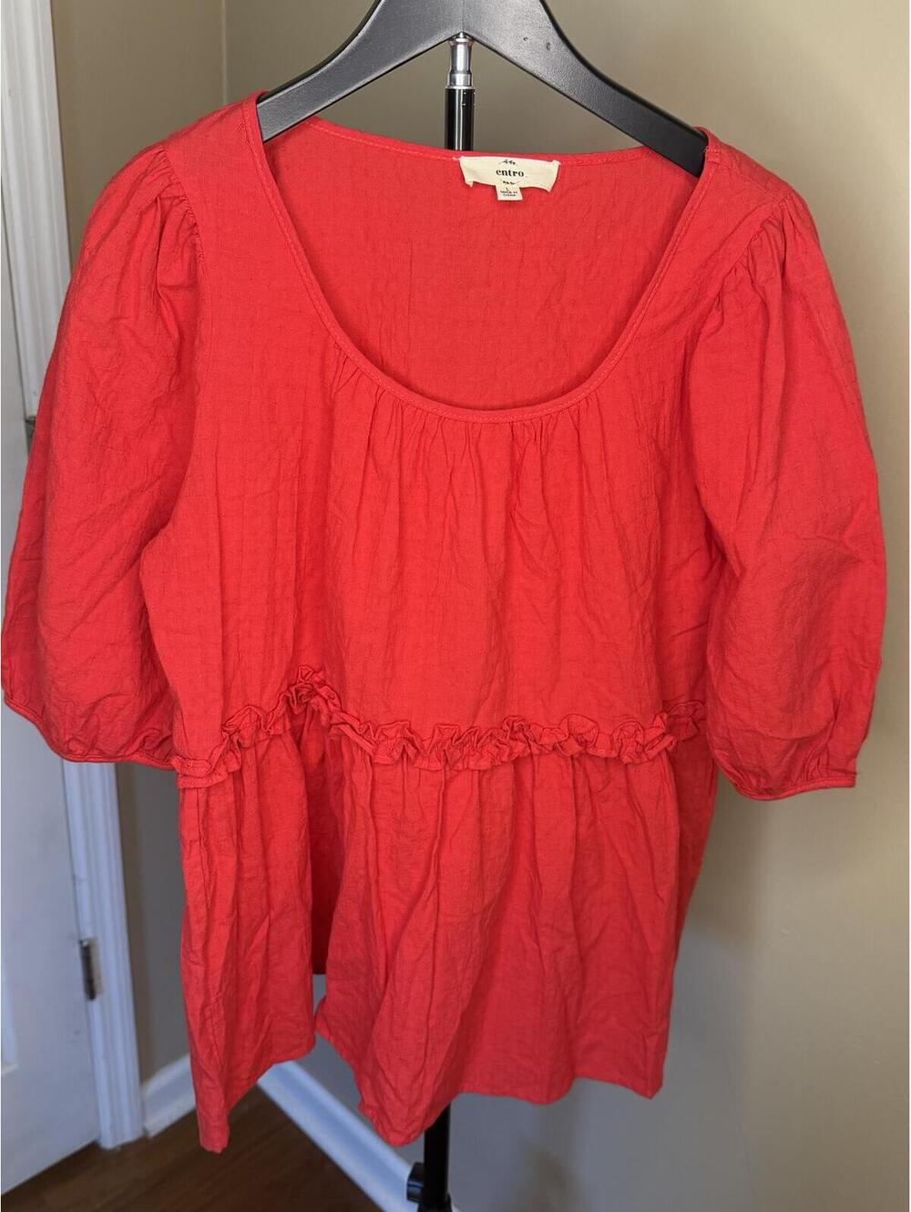 Entro Red Puff Sleeve Babydoll Blouse Size Large